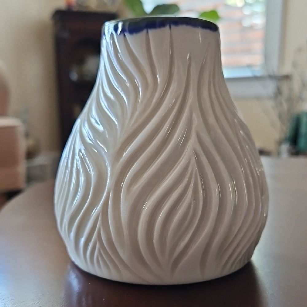 Handcrafted & Signed White & Cobalt Blue Flamed Ripple Textured Bud Vase